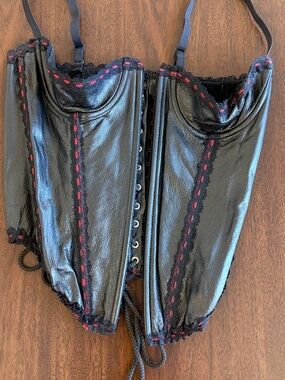 Allure Black Leather Lace-Up Bustier Top with Red Stitching and Boning